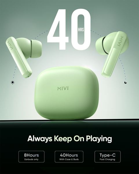 A clean, minimalist product display highlighting the 40-hour battery life of wireless earbuds with a soft sage green color palette.