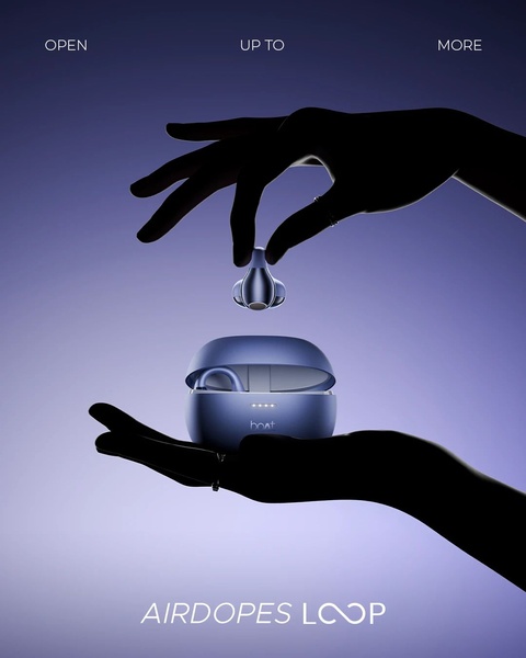 A high-contrast, minimalist creative featuring a silhouette of hands holding earbuds against a solid purple gradient background.