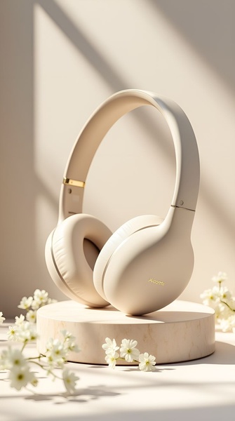 A high-end 9:16 vertical creative showcasing wireless headphones centered on a marble plinth surrounded by white flowers in soft, natural morning light.