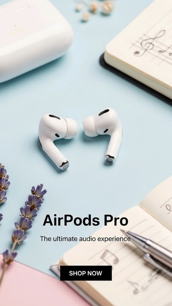 A high-end, clean product shot of AirPods Pro displayed with a notebook and lavender, focusing on a minimalist aesthetic.