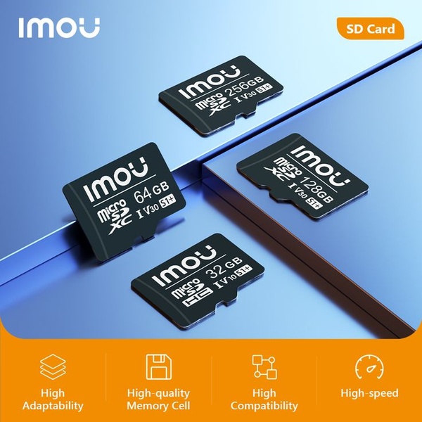 A high-clarity promotional layout featuring four different storage capacities of SD cards displayed against a professional blue background with key performance icons.