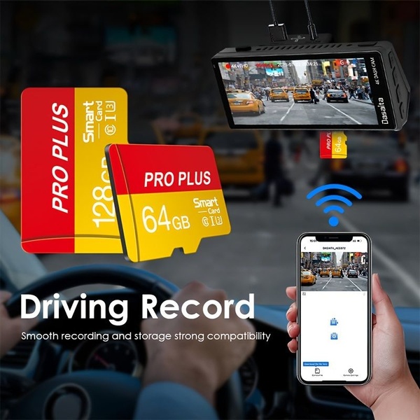 This creative visually demonstrates the core benefits of a dash cam, focusing on high-capacity storage card compatibility and seamless smartphone app syncing for easy footage access.