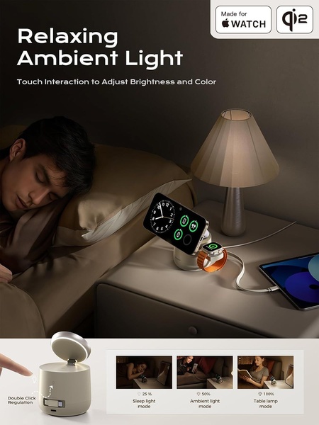 watch charging stand, apple watch dock, charging station, watch charger, nightstand charger, wireless charging stand, watch stand, product launch, lifestyle, calm, warm, neutral, brown