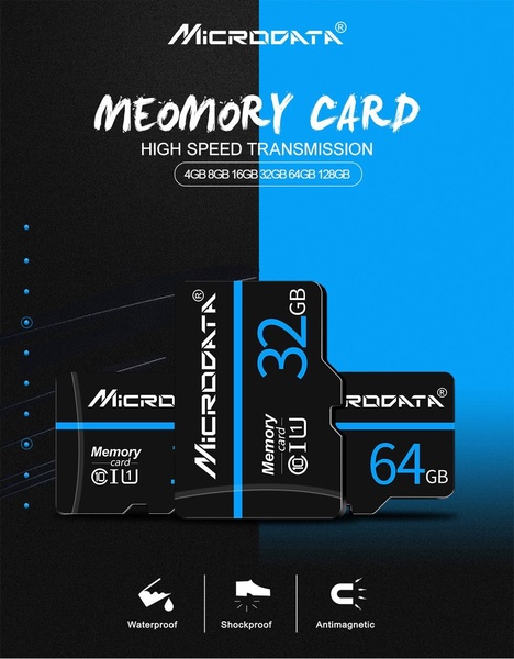 A high-contrast split-screen creative showcasing memory cards with clear feature icons for waterproof, shockproof, and antimagnetic capabilities.