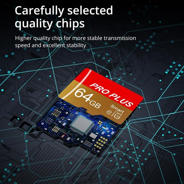 This creative uses a technical diagram of a circuit board behind a 64GB Micro SD card to visually communicate superior build quality.