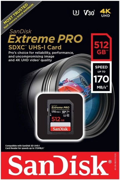 A high-contrast, technical product shot of a 512GB SD card, highlighting its speed and 4K capability to emphasize reliability for professionals.