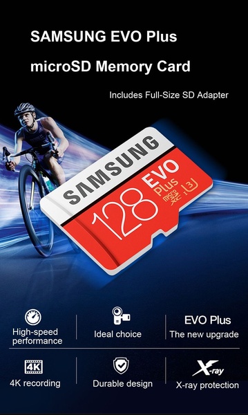 A feature-focused vertical ad highlighting the performance and durability of a microSD card with clear icon-based technical specs.