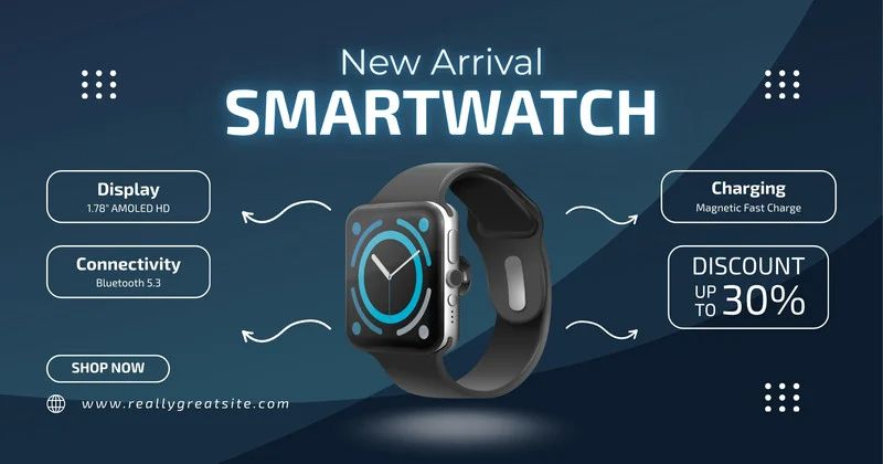 smartwatch, fitness tracker, smart watch, wearable device, activity tracker, new arrival, sale promotion, minimalist, modern typography, bold, trustworthy, blue, neutral