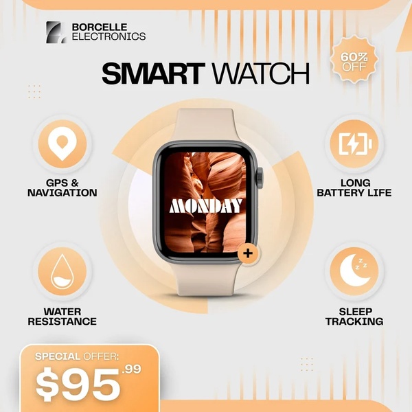 smart watch, fitness watch, digital watch, wearable device, activity tracker, smartwatch, fitness tracker, sale promotion, product launch, minimalist, modern typography, fresh, trustworthy, orange, neutral