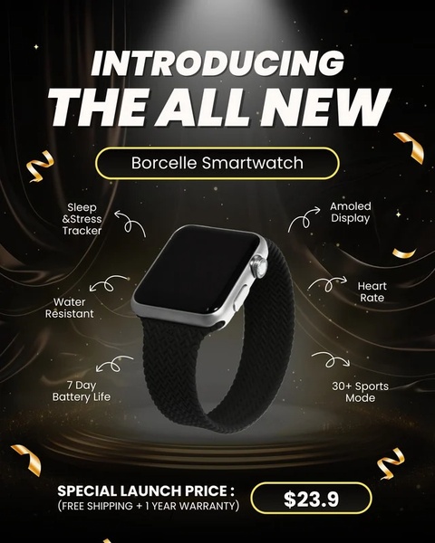 smartwatch, fitness tracker, smart watch, wearable device, activity tracker, product launch, new arrival, modern typography, bold, luxurious, black, gold