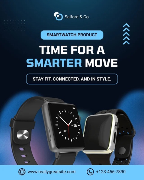 smartwatch, fitness tracker, wearable device, smart watch, activity tracker, fitness watch, wearable tech, product launch, brand awareness, modern typography, bold, trustworthy, blue, black