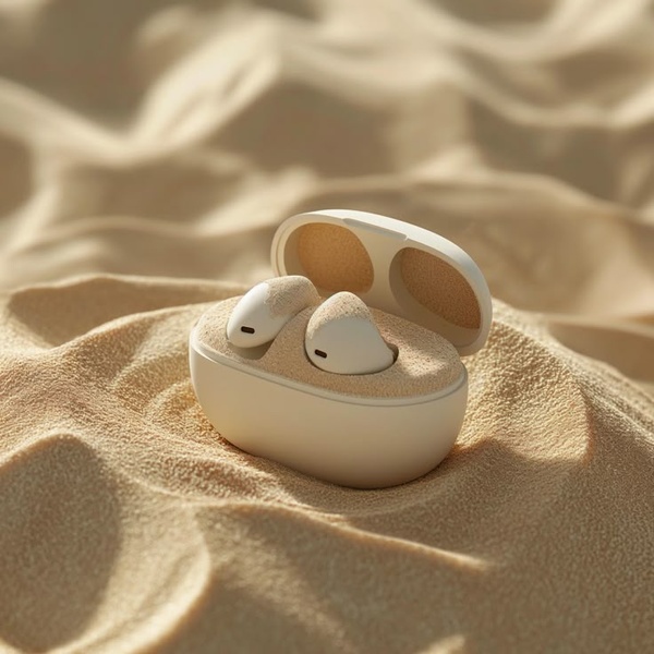 A high-quality studio shot of wireless earbuds resting in their case, partially covered by fine, beige sand to emphasize a natural and premium aesthetic.