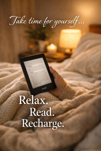 A close-up shot of an e-reader held in a cozy, dim bedroom setting with soft lighting and a warm blanket.