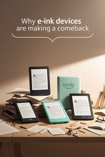 A high-end, clean product shot of multiple e-ink readers on a desk, framing them as a modern, must-have lifestyle accessory.