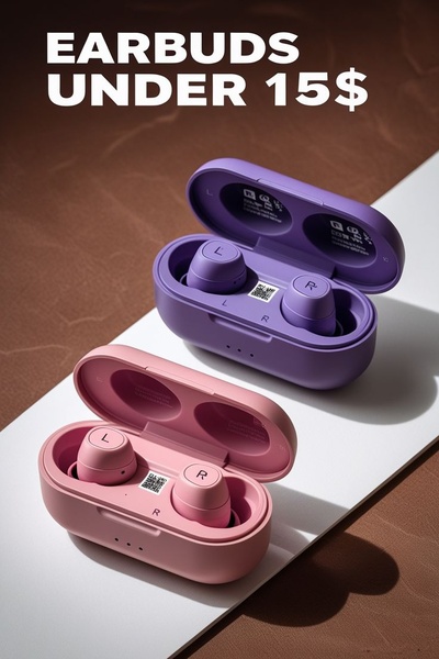 A clean, high-contrast studio shot featuring two pairs of earbuds in pastel pink and purple, emphasizing an affordable price point.