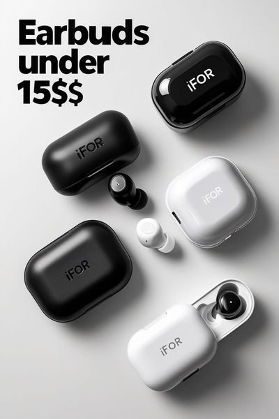 A clean, high-contrast product layout featuring multiple colorways of earbuds, highlighting an affordable price point.