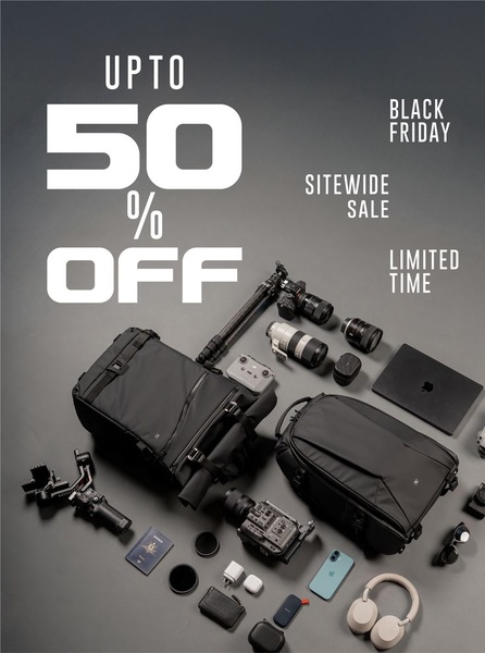 A high-contrast overhead flat lay featuring professional photography equipment and accessories organized systematically to announce a holiday sitewide sale.