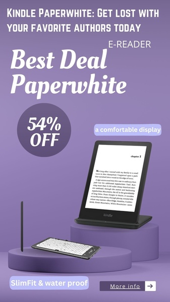 A high-contrast vertical advertisement showcasing the e-reader with a clear 54% discount call-out on a solid purple background.
