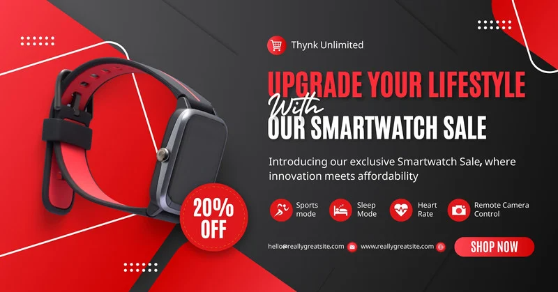 smartwatch, fitness tracker, smart watch, wearable device, activity tracker, sale promotion, modern typography, energetic, bold, red