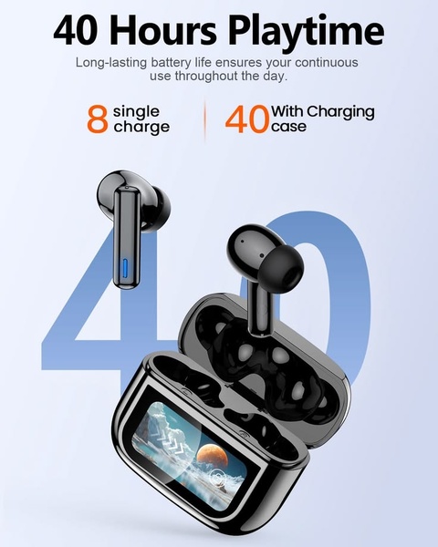 A clean, data-driven creative showcasing the total battery life of wireless earbuds by breaking down the per-charge and case-charging times.