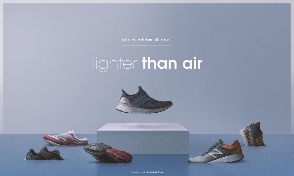 A clean, studio-lit advertisement featuring a running shoe centered on a podium, emphasizing weightless performance through minimalist design.