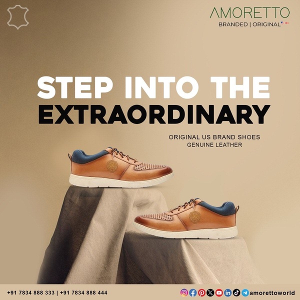 This 1:1 square ad features two brown leather sneakers placed on abstract draped cloth to emphasize premium material and brand authority.