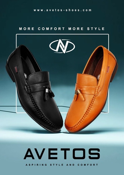 A split-view studio advertisement showcasing two styles of men's leather loafers suspended in a clean, minimalist environment.
