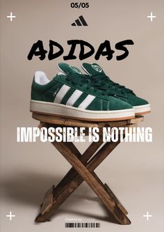 A high-quality studio shot of a green running shoe placed on a wooden stool with bold brand typography and a classic aspirational slogan.