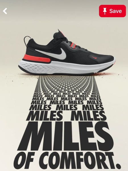 A minimalist advertisement for a running shoe, using a repeating text trail to represent long-distance performance and comfort.