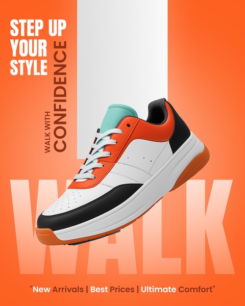 A high-impact ad featuring a modern sneaker against a vibrant orange background with bold, centered typography.