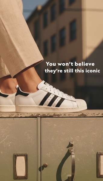 A high-contrast vertical shot featuring a classic sneaker placed on a textured surface, utilizing negative space and bold, direct typography.