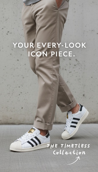 A high-contrast, minimalist shot focusing on a pair of classic white sneakers paired with neutral chinos, emphasizing a versatile, everyday aesthetic.
