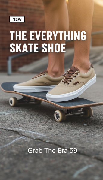 A lifestyle-focused skate shoe ad featuring a clear, benefit-led headline over an action-oriented product shot.