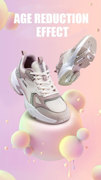 A minimalist, high-aesthetic advertisement featuring a running shoe suspended among floating 3D spheres in a soft pastel gradient environment.