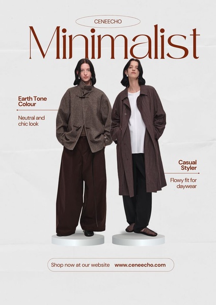 A clean, editorial-style fashion advertisement showcasing two distinct earth-toned apparel looks on models against a neutral background.