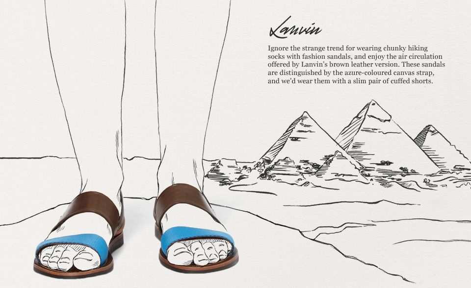 A sophisticated, hand-drawn illustration style depicting men's leather sandals against an iconic background, paired with conversational, benefit-driven copy.