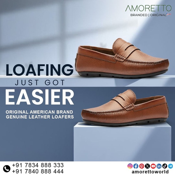 A minimalist, high-quality product showcase featuring two leather loafers positioned on pedestals to highlight product craftsmanship.