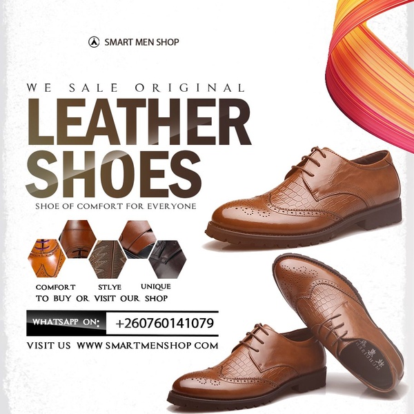 A 1:1 ratio product display ad featuring professional studio shots of brown leather brogues with minimalist text overlays.
