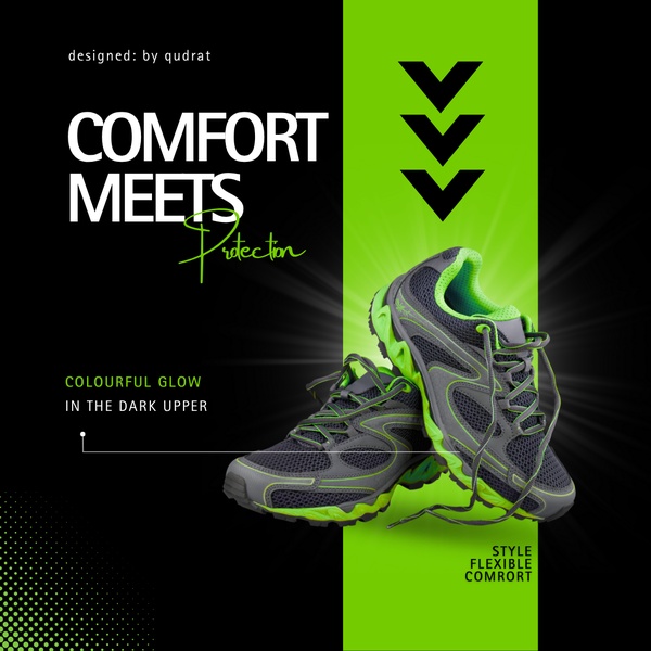 A clean, high-contrast ad featuring a running shoe with clear text callouts highlighting comfort, protection, and glow-in-the-dark features.