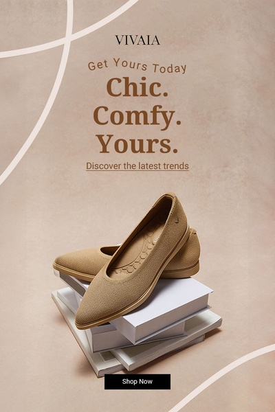 This ad features a pair of tan knitted flat shoes balanced on a stack of books, emphasizing a sophisticated and minimalist lifestyle.