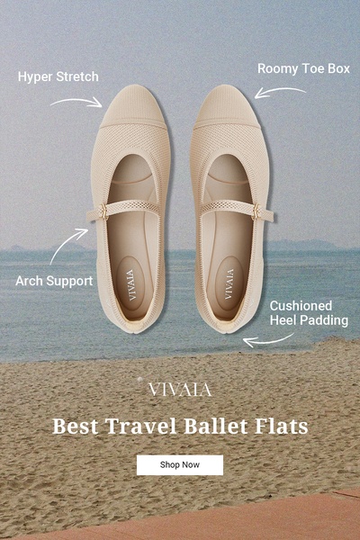 A clean, top-down product shot of ballet flats utilizing clear callouts to highlight comfort-focused design features like arch support and cushioning.