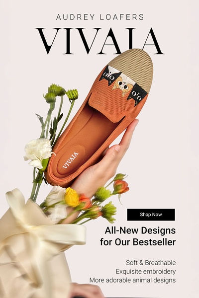 A high-end, soft-focus product photography creative featuring a loafer held by a hand surrounded by natural floral elements.