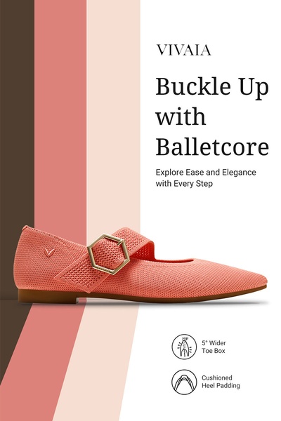 A high-conversion 2:3 ad creative featuring a single ballet flat product against a split-tone background, highlighting comfort benefits.
