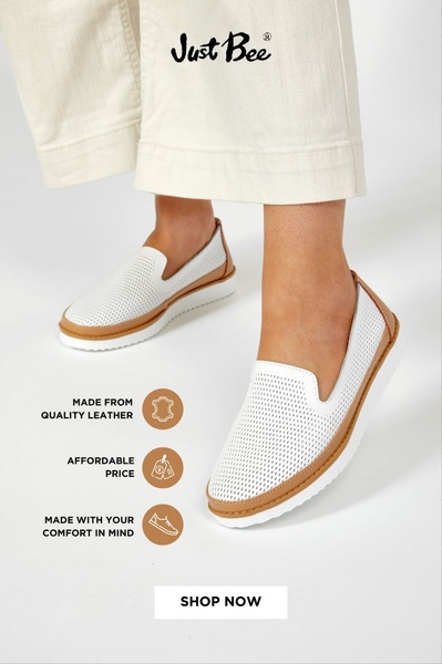 This ad creative highlights the key selling points of white leather slip-on shoes through a clear, high-contrast, benefit-led list format.