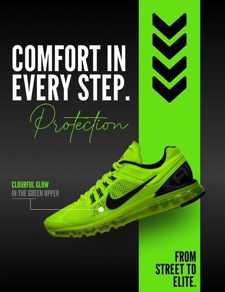 A 3:4 vertical advertisement featuring a neon green running shoe on a dark, sleek background with technical callouts and performance-oriented copy.