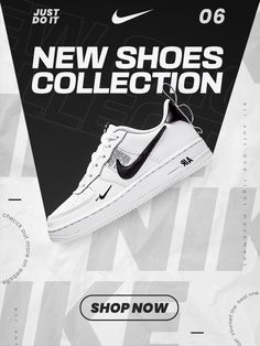 This vertical creative uses a high-contrast black and white color palette to highlight a single running shoe, emphasizing a clean, brand-focused aesthetic.