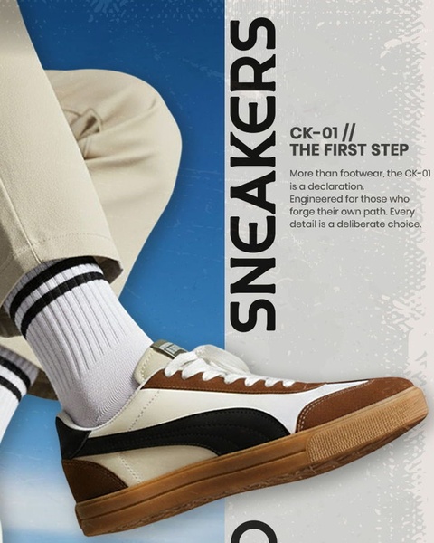 A close-up aesthetic shot of a branded sneaker with bold vertical typography, emphasizing deliberate design and path-forging identity.