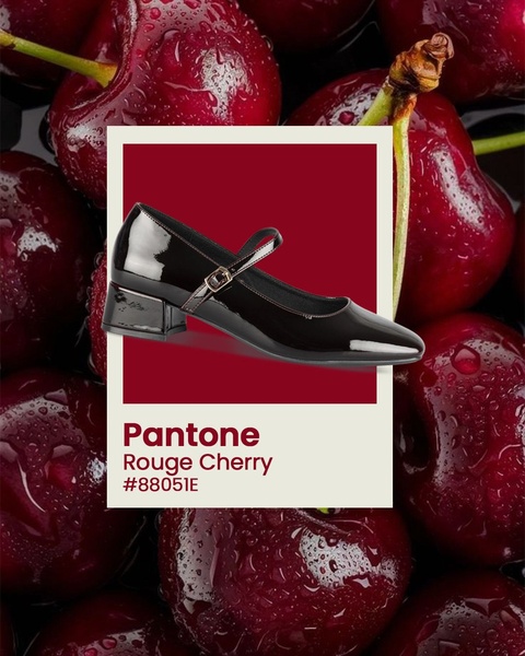 A high-contrast visual display of a black Mary Jane shoe set against a rich cherry red background, utilizing Pantone-style branding for a premium feel.