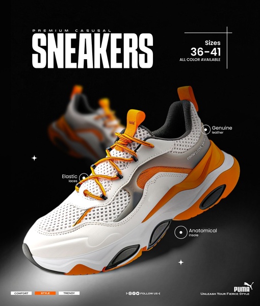 This ad creative uses a high-contrast black background to isolate a single sneaker, utilizing callouts to highlight specific physical components like leather, laces, and the insole.
