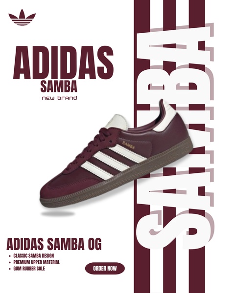 A minimalist, high-contrast product ad for the Adidas Samba OG, focusing on design clarity and clean typography to highlight shoe features.